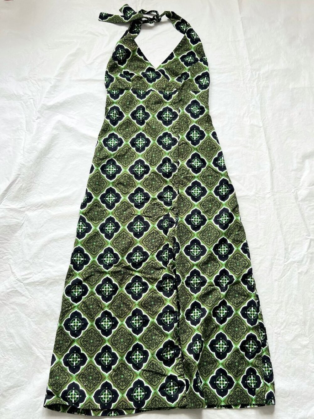 Vintage homemade dress halter neck maxi green black floral sleeveless size 6
